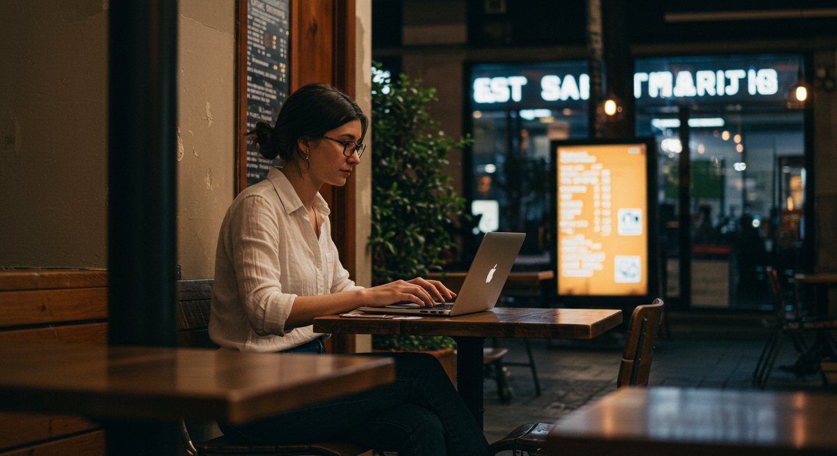 Experienced female digital nomad securing data on her laptop while working from a cafe, highlighting the importance of cybersecurity on public Wi-Fi.