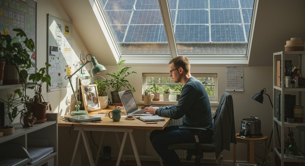 Freelancer working in an eco-friendly home office with solar panels, natural wood furniture, and potted plants, showcasing sustainable and professional workspace