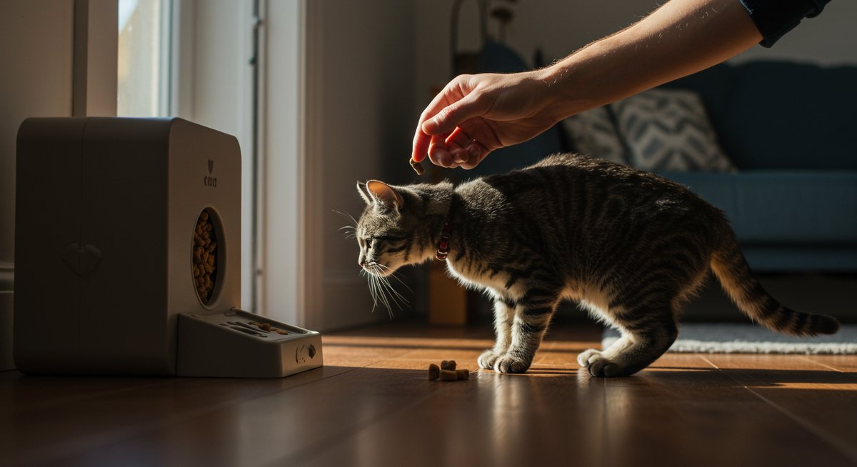 Experienced pet parent using interactive toy to support cat's weight management journey