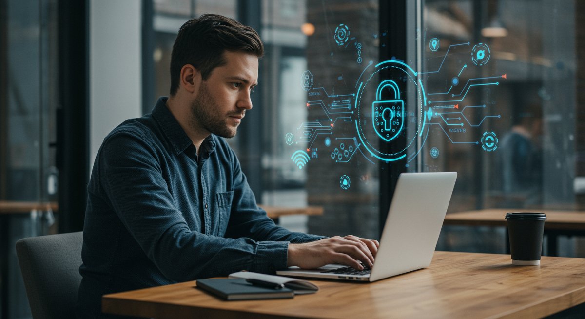 Digital nomad cybersecurity guide illustration showing secure remote work setup with encryption symbols