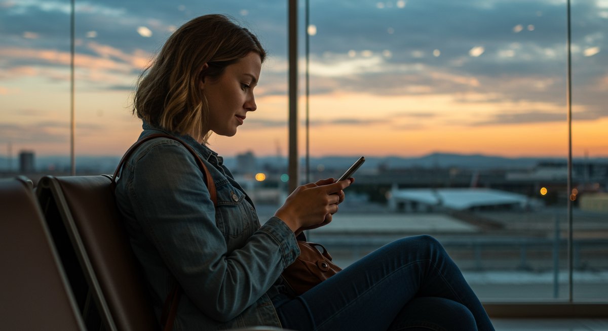 A budget-conscious female traveler using her phone to claim flight compensation and rebook her flights after experiencing an overbooked situation.