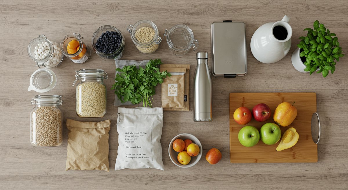 Urban sustainable living solution: zero-waste kitchen with bulk food storage, reusable containers, and compost bin in modern kitchen setting