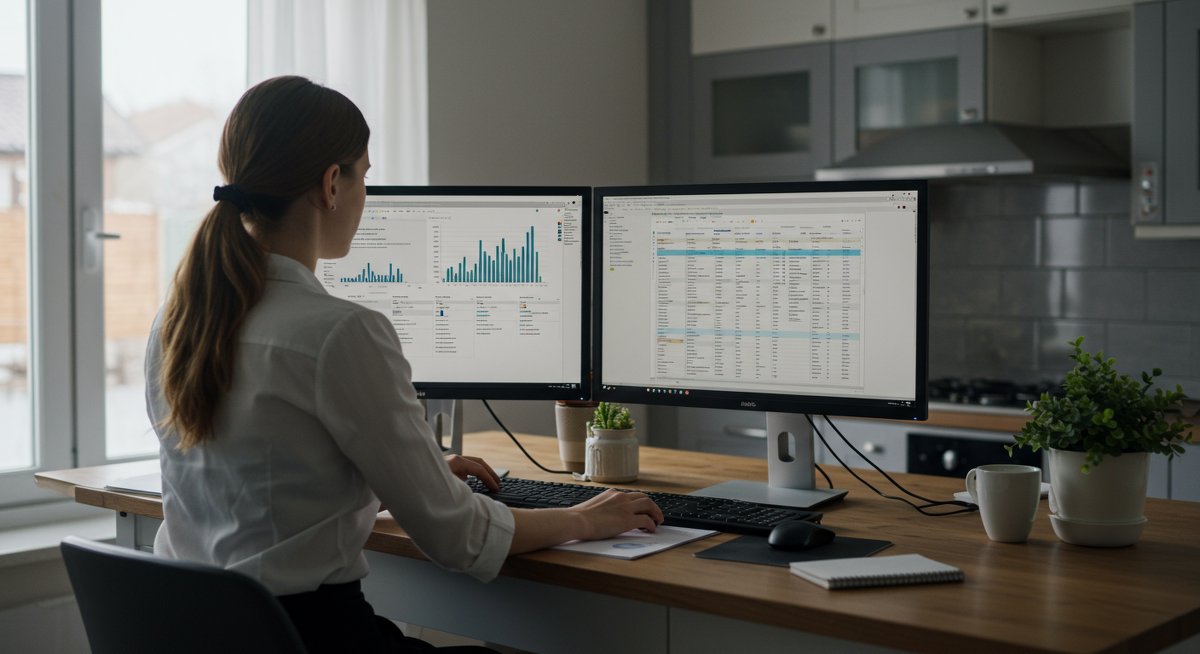 Experienced budgeter using Excel templates in modern kitchen setup with dual monitors and fresh plants