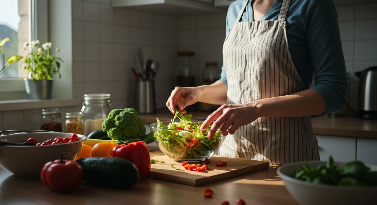 Person preparing healthy salad with fresh vegetables in kitchen with natural lighting