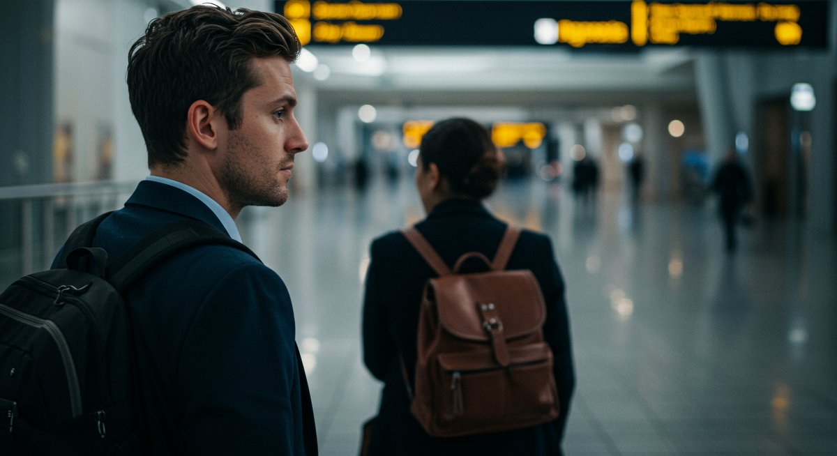 Experienced traveler checking phone at airport terminal with laptop open, showing lost phone abroad scenario