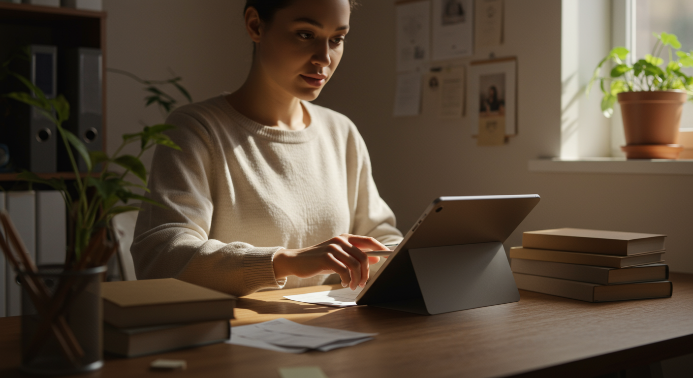Minimalist home office setup with a person organizing bills using a tablet and a systematic approach, promoting debt-free living and financial freedom.