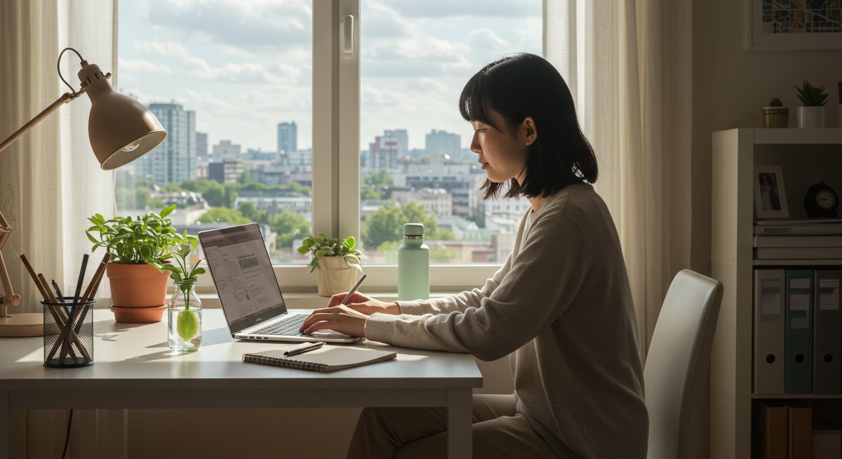 Entry-level tech professional working remotely in an eco-friendly workspace with natural light and sustainable elements