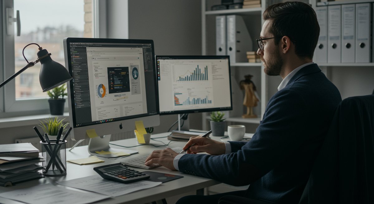Experienced budgeter managing finances in modern workspace with budgeting tools and organized documents