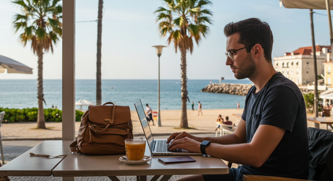 Digital nomad working remotely from a cafe in Lisbon, Portugal, with a laptop, travel backpack, and passport, emphasizing productivity and exploration.