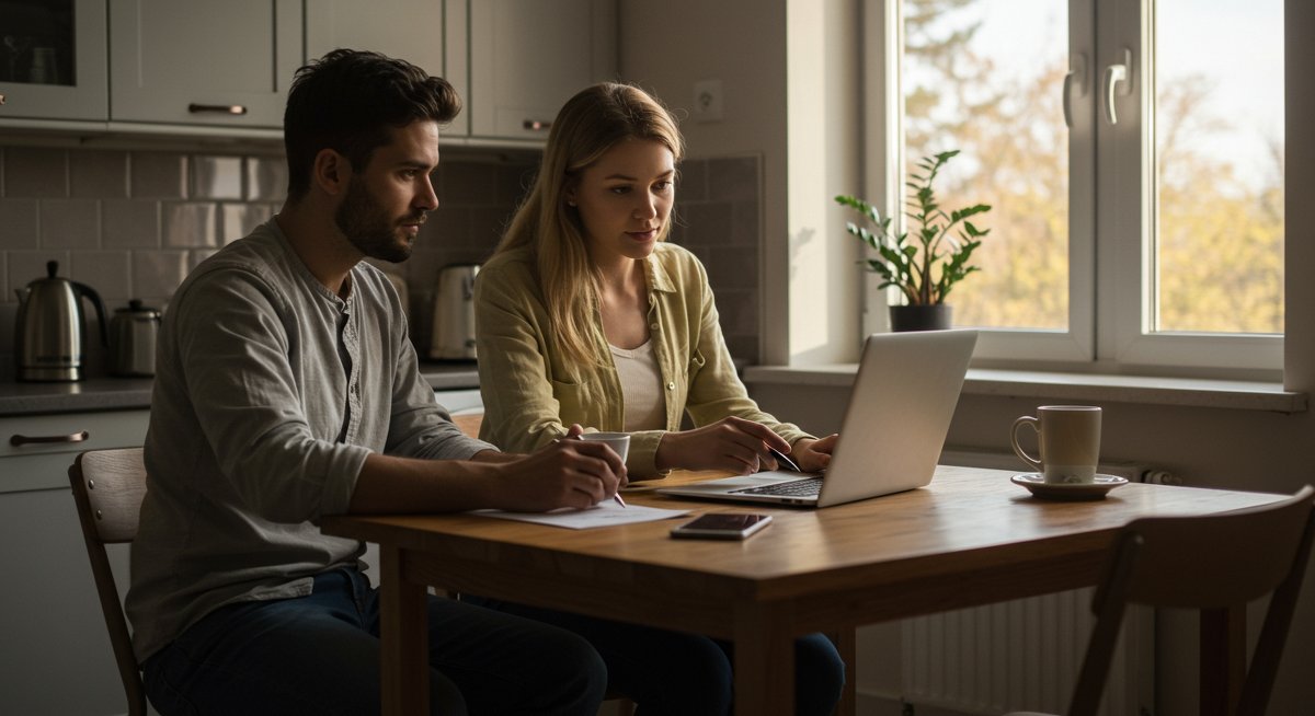 Couples working together on shared budget plan with laptop, coffee, and financial documents