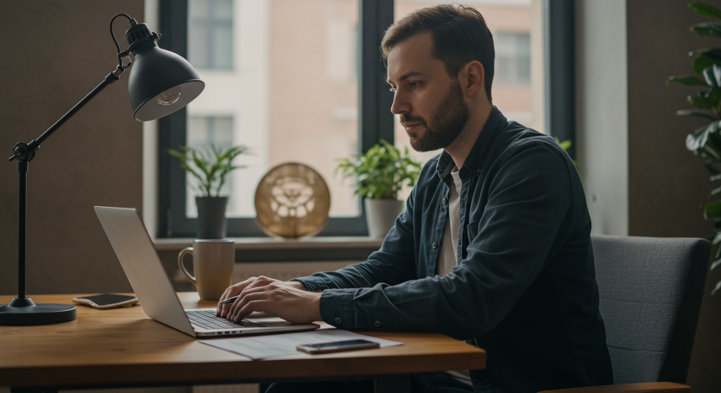 Experienced male digital nomad managing finances and taxes on a laptop in a modern co-working space, digital nomad taxes guide.