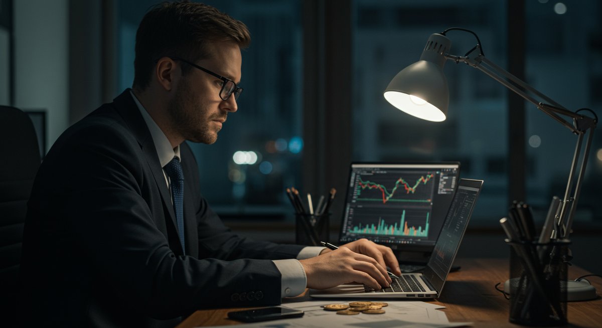 Trader analyzing crypto charts with professional setup