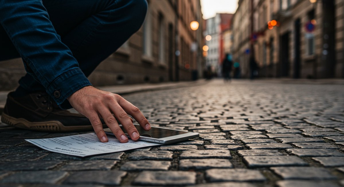 Lost passport recovery guide visual: solo traveler handling passport replacement documents in urban setting