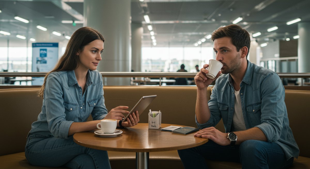 Experienced travellers in premium airport lounge with modern amenities and access benefits