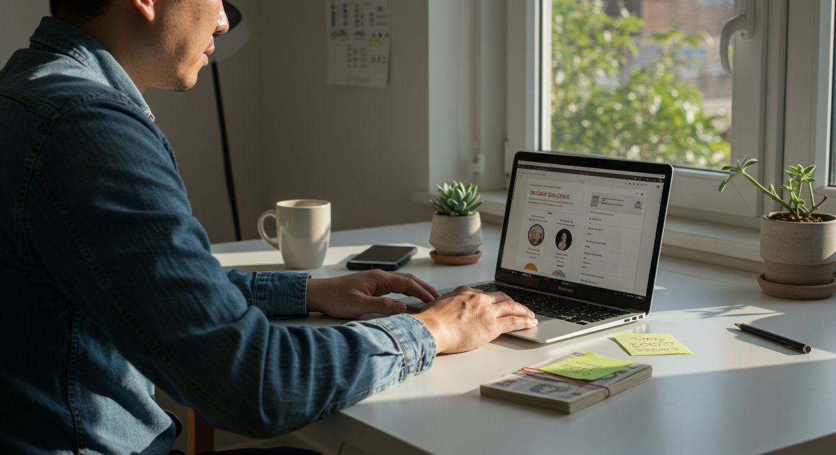 Professional minimalist male working on budgeting with natural lighting and intentional workspace