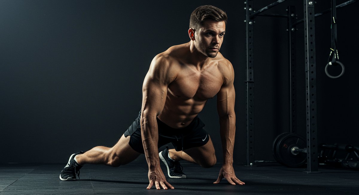 Advanced bodyweight workout with man doing intense calisthenics in home gym environment
