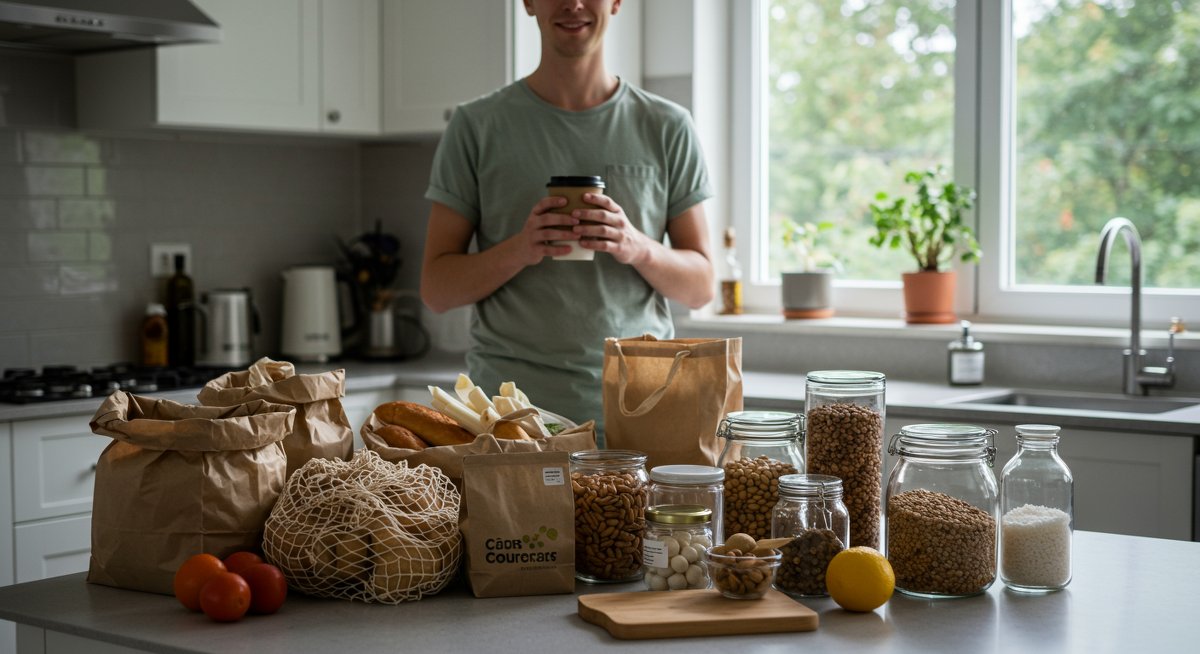 Zero-waste kitchen setup with reusable grocery items and eco-friendly cleaning supplies, showcasing practical zero-waste swaps for beginners