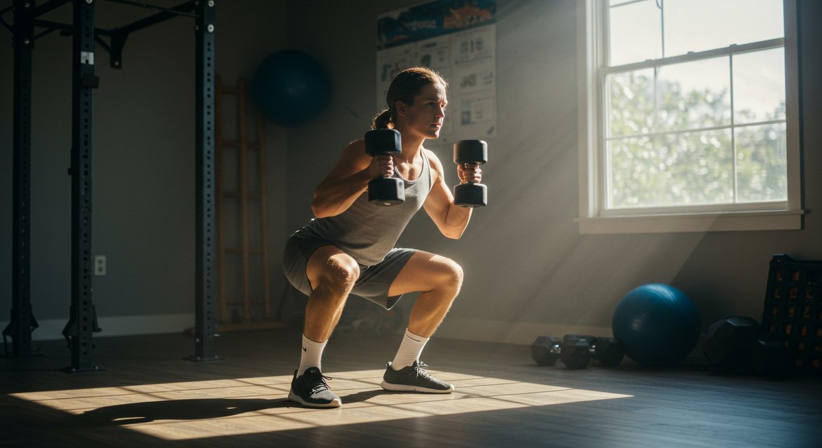 Person doing squats with dumbbells in home gym with natural lighting