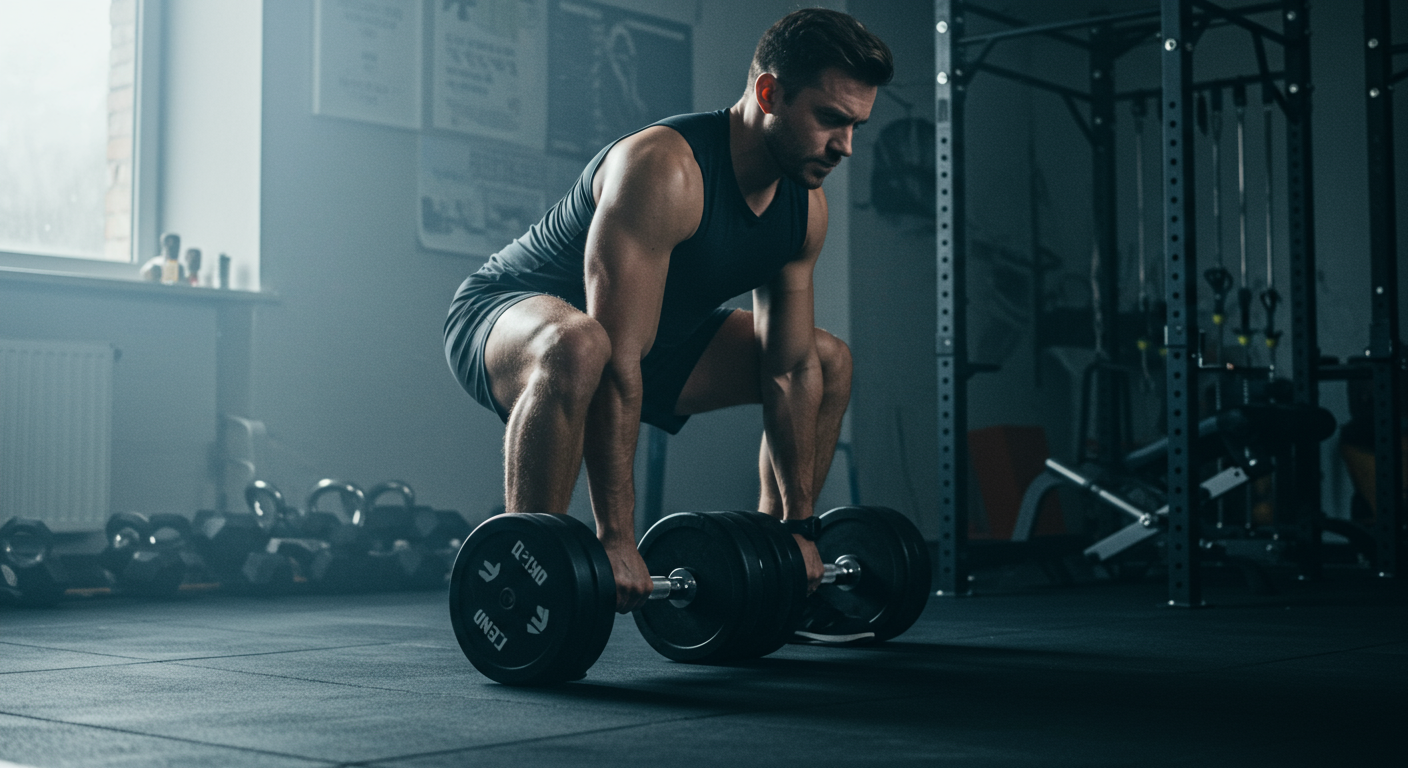 Crypto trader doing deadlifts in a home gym with natural lighting