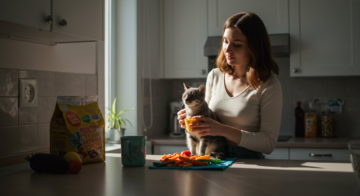 Experienced pet parent and cat engaging in mental stimulation activity for weight management