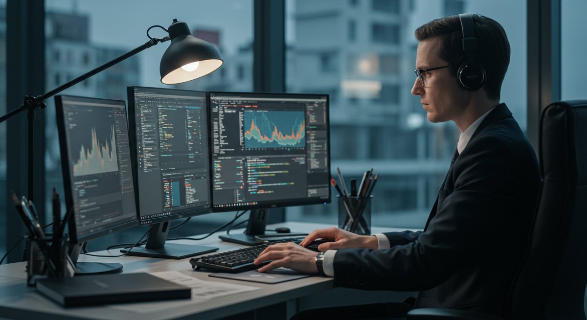 Experienced trader analyzing secure Monero swap solutions in modern professional workspace