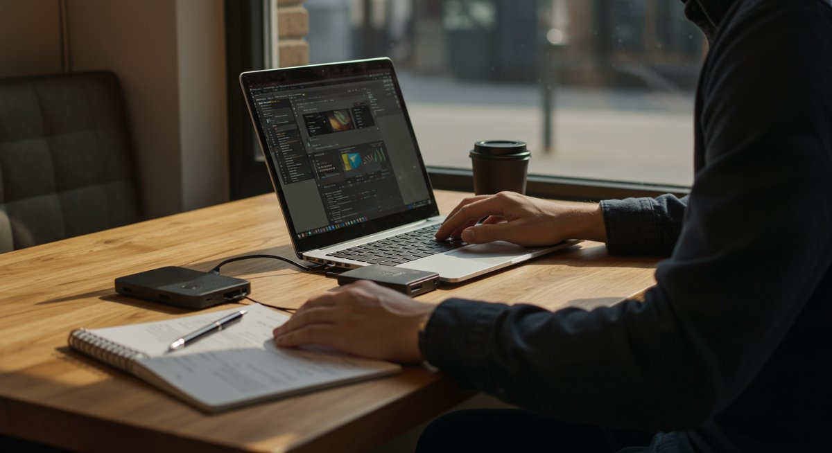 Digital nomad with essential connectivity gadgets working from a modern café, showing portable WiFi router, travel adapter, and power bank for reliable internet