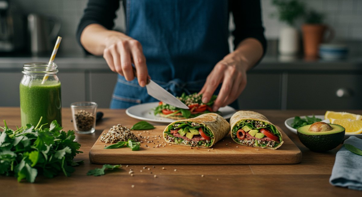 Busy professional preparing a healthy lunch with fresh ingredients in a modern kitchen