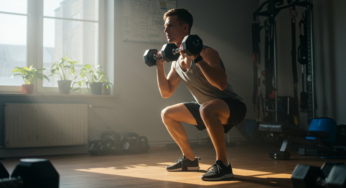 Person doing squats with dumbbells in home gym with natural lighting