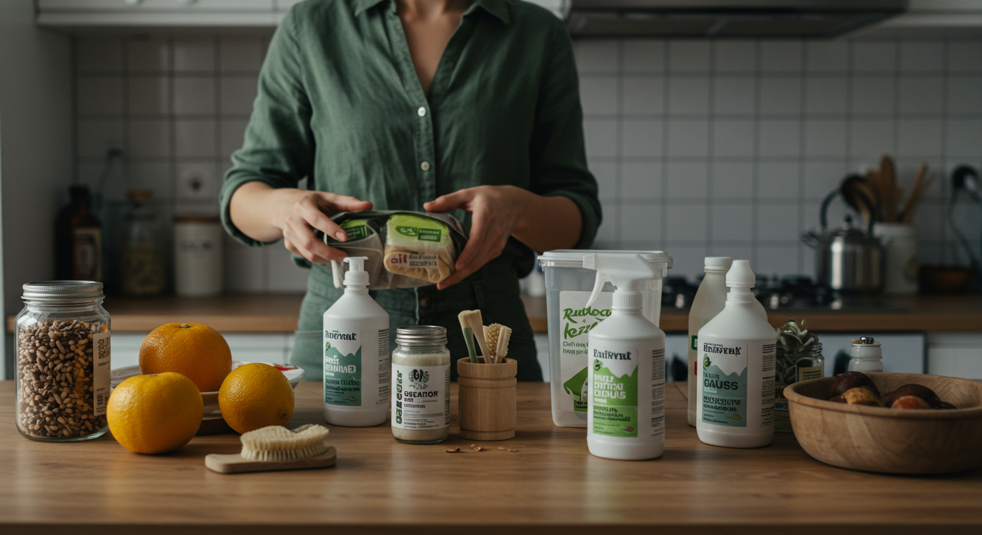 A person decluttering a kitchen with reusable containers, natural cleaning supplies, and items being sorted for donation or recycling. Focus on sustainable home practices.