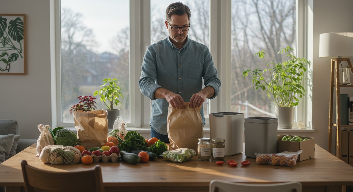 Professional work-life balance illustration: Mid-career man organizing zero-waste groceries in modern home office with natural light and sustainable props