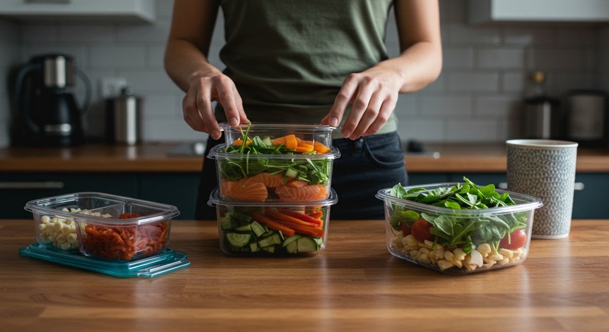 Person organizing healthy meal prep containers with fresh produce and protein