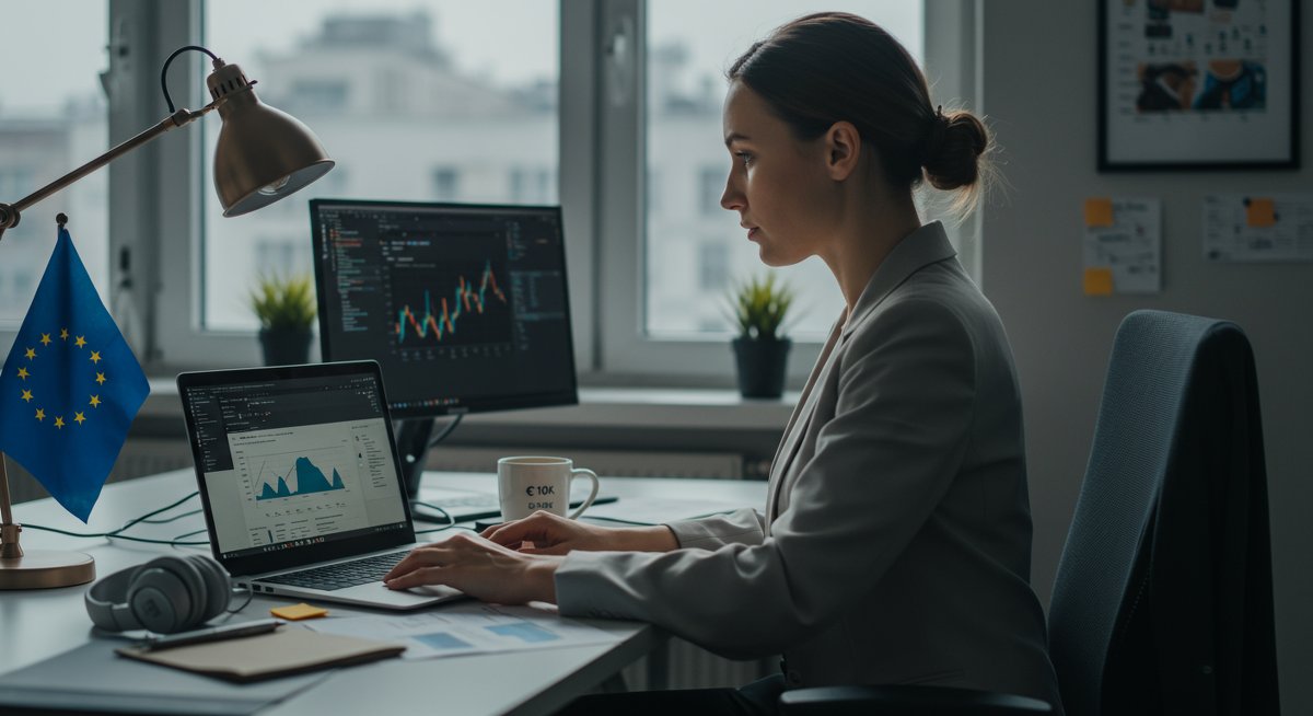 European investor managing diversified P2P portfolio with modern financial tools and professional workspace