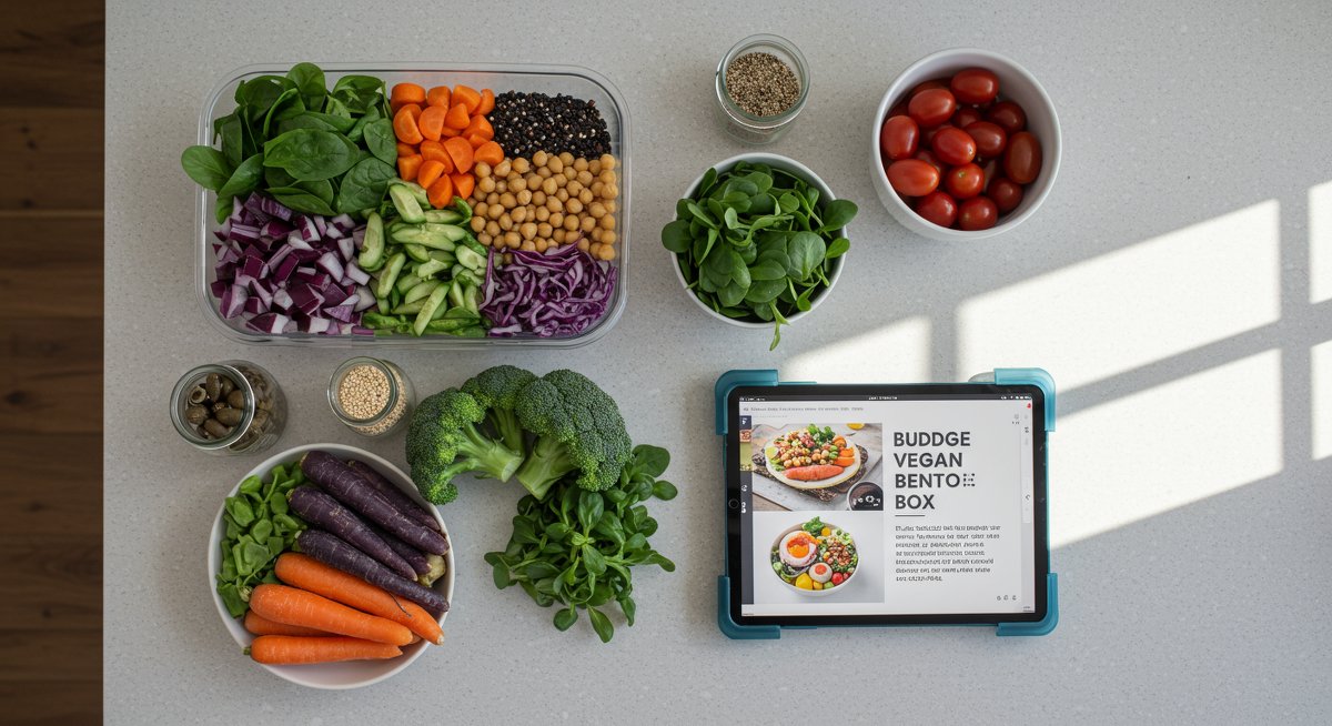 Budget-friendly vegan meal prep with colorful vegetables, legumes, and grains arranged on a kitchen counter, showcasing affordable and easy-to-prepare ingredients for beginner cooks
