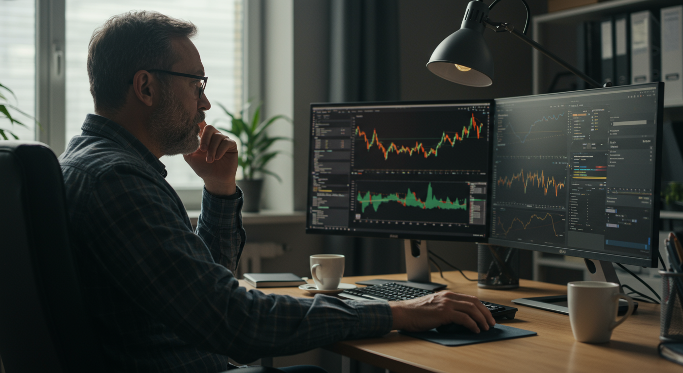 Experienced crypto trader analyzing charts on dual monitors, with a phone and coffee cup nearby, in a modern office setting. The image focuses on solutions for stuck crypto swaps.