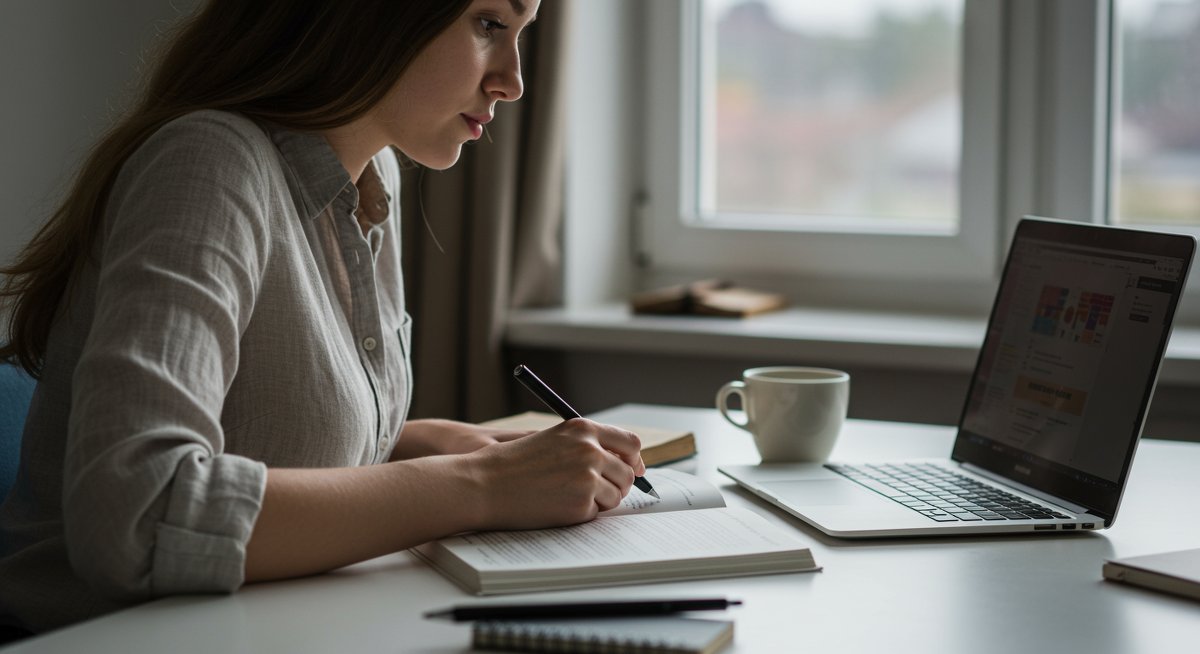 Student using Pomodoro technique for focused study with textbook, laptop, and coffee