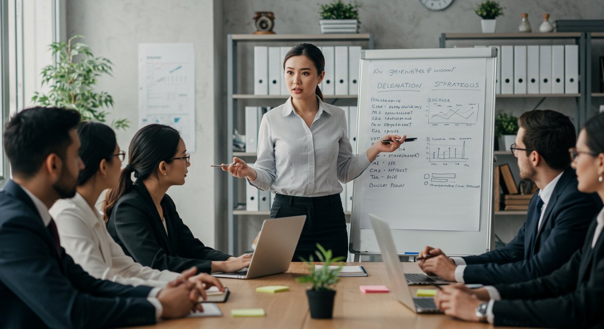 Professional illustration of delegation strategies in action with a female manager and team, emphasizing efficient task delegation and team productivity