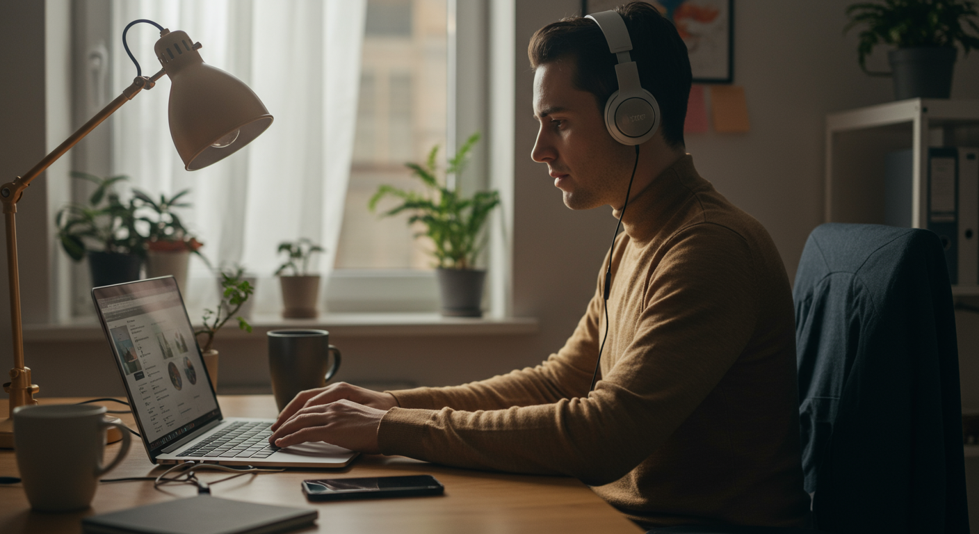 Focused professional working at a desk with headphones on, using a laptop and ergonomic setup to eliminate distractions and boost productivity.