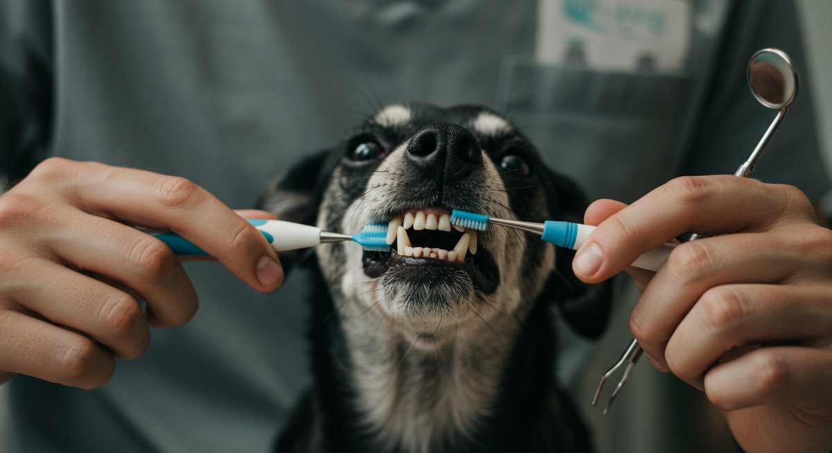Experienced pet parent using dental tools for senior dog's oral health care