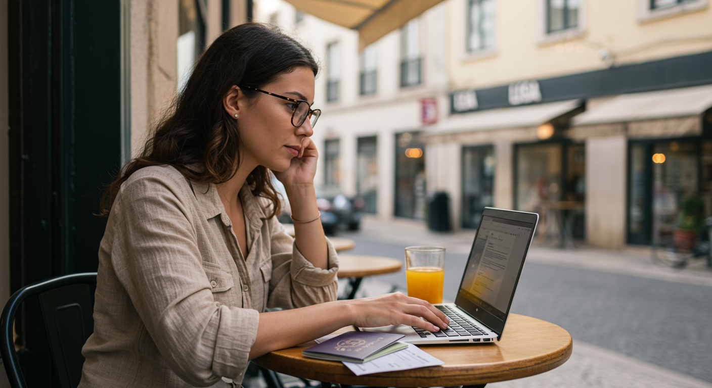 Digital nomad woman researching visa requirements on laptop in a cafe, Lisbon. Focusing on Digital Nomad Visas 2025, and how to apply for them