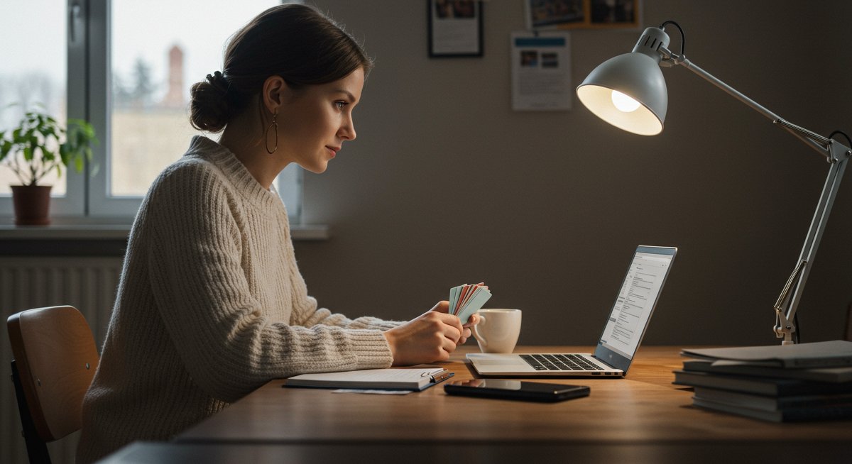 Self-learner demonstrating effective study habits with flashcards and digital tools in a professional workspace