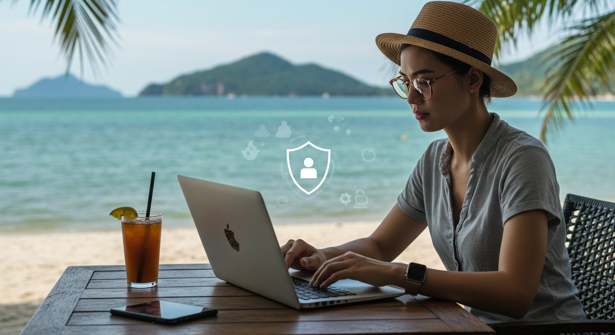 Digital nomad cybersecurity best practices illustration showing secure remote work setup withVPN, encryption, and travel essentials in tropical setting