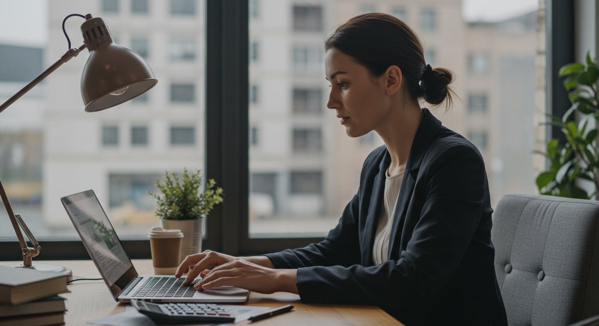 Digital nomad focusing on budgeting and cost-effective living with financial data on laptop in modern workspace