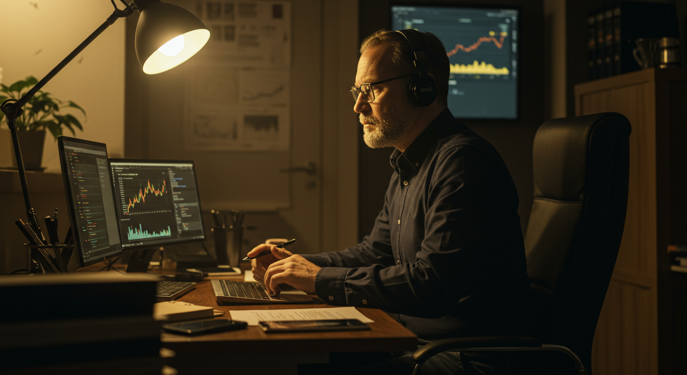 Experienced international crypto trader analyzing charts in a modern hotel business center, optimizing trading fees and avoiding hidden costs.