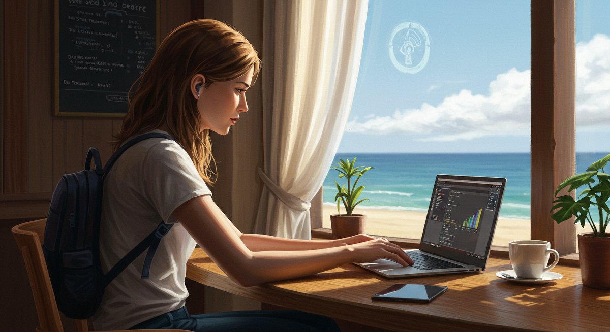 Digital nomad working with reliable internet connectivity at a beach café