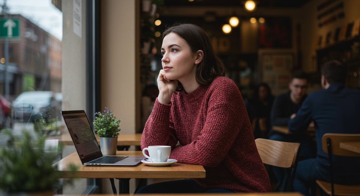 Young digital nomad woman in a cozy cafe, focused on work and feeling connected to the community around her