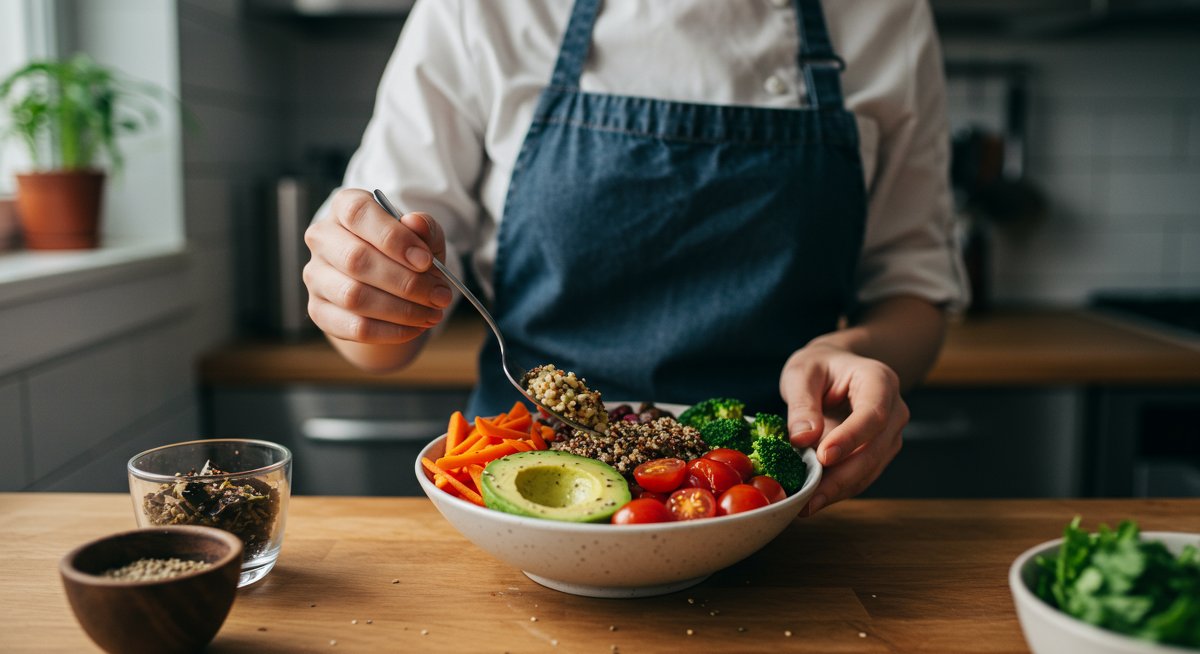 Professional food photography of a 30-minute meal: quinoa bowl with roasted vegetables and avocado, garnished with fresh herbs in a modern kitchen