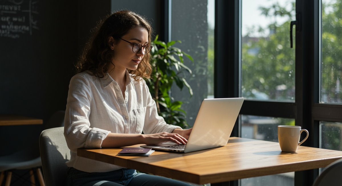 Digital nomad researching affordable healthcare and travel insurance options in a modern co-working space
