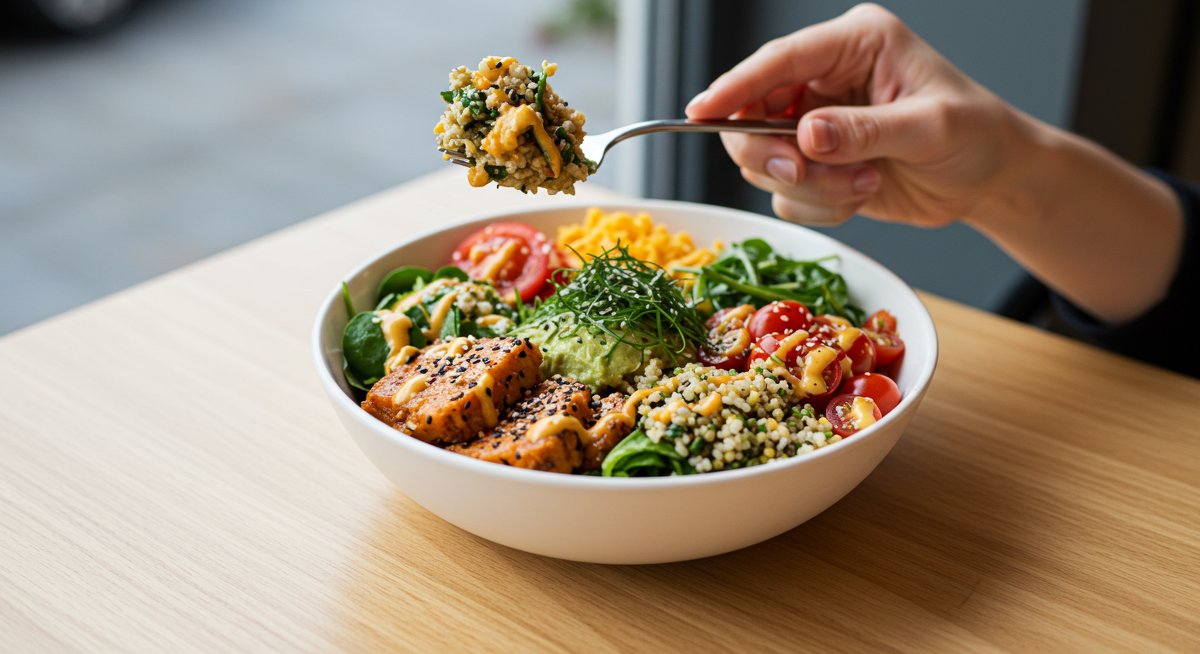 Vegan lunch bowl with colorful vegetables, grains, and sauce, perfect for beginner cooks.  Delicious and easy vegan lunch ideas.