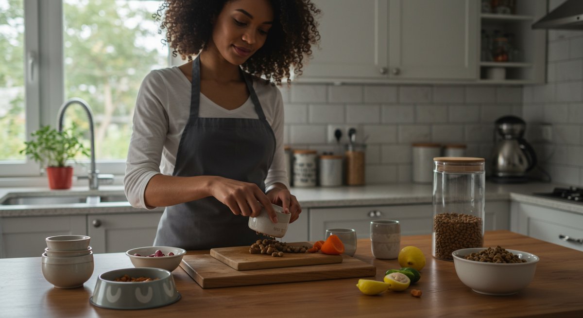 New pet owners preparing nutritious homemade cat meals with fresh ingredients in a clean kitchen environment