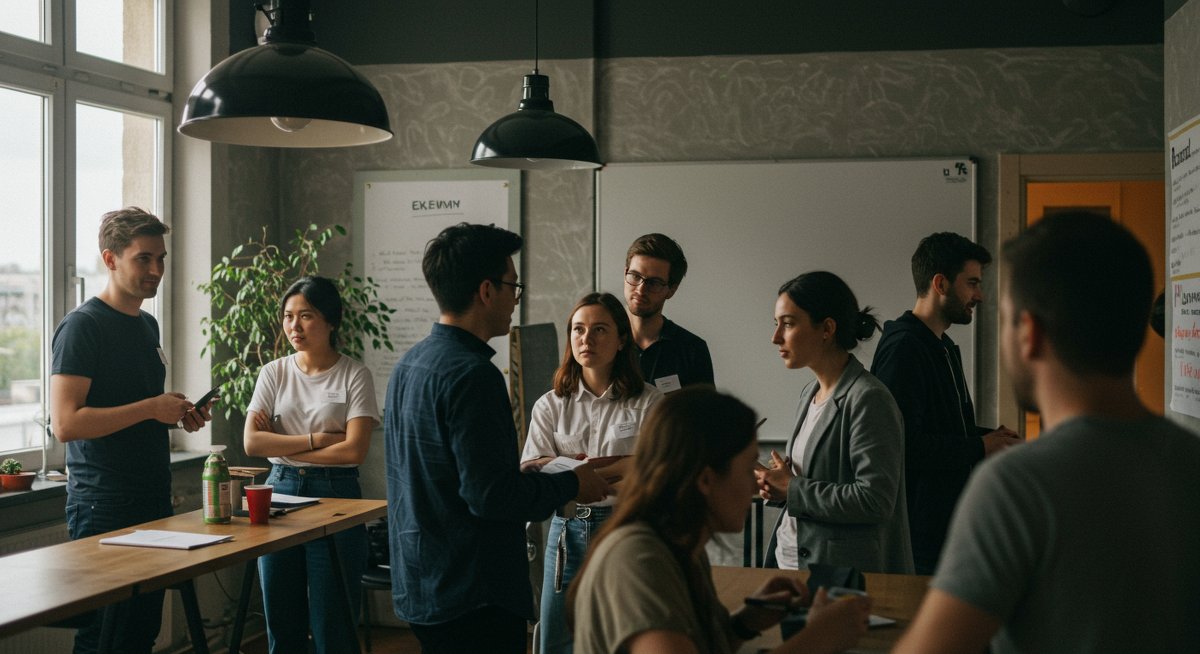 Digital nomads in a co-living community space engaging in networking and collaboration